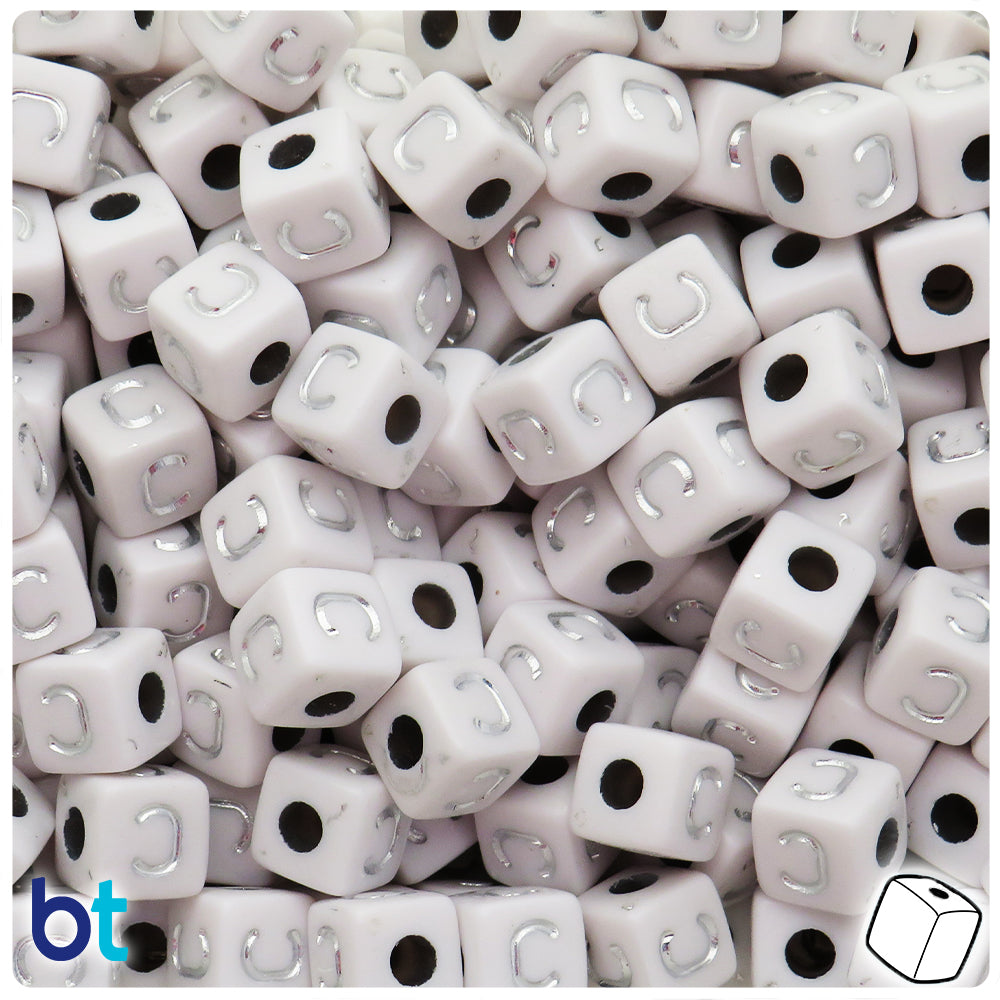 White Opaque 10mm Cube Alpha Beads - Silver Letter C (20pcs)