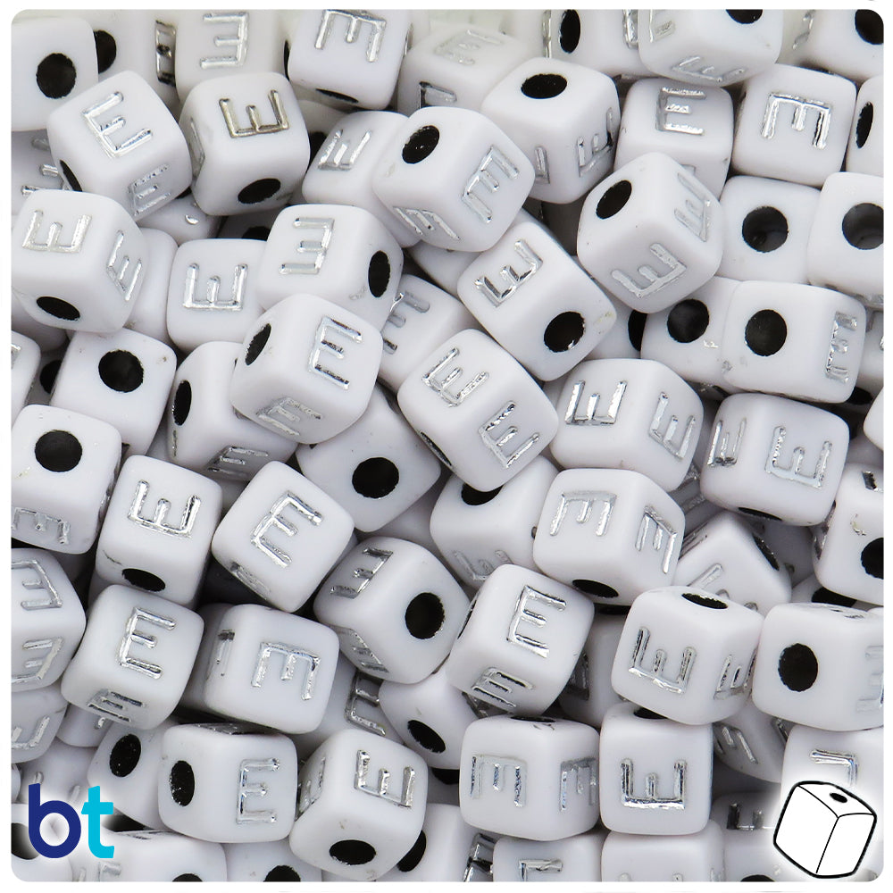White Opaque 10mm Cube Alpha Beads - Silver Letter E (20pcs)