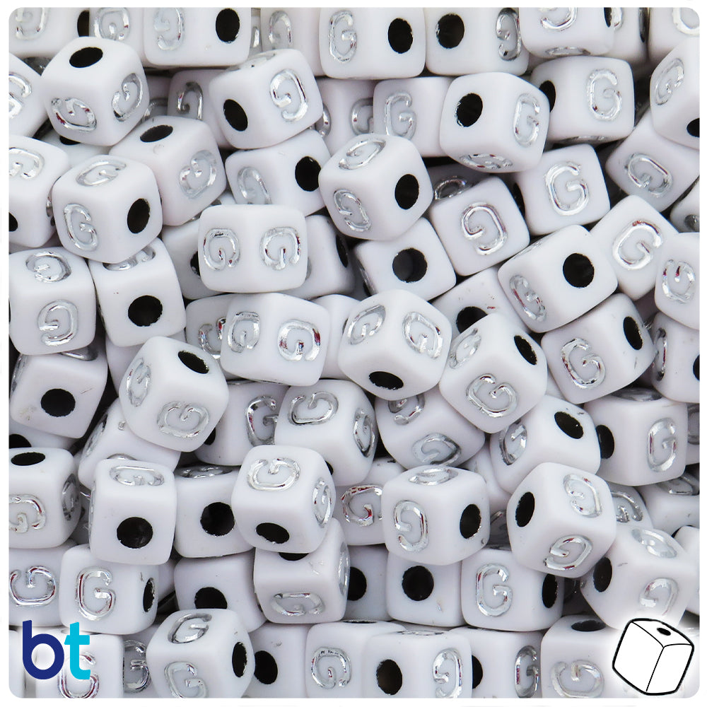 White Opaque 10mm Cube Alpha Beads - Silver Letter G (20pcs)