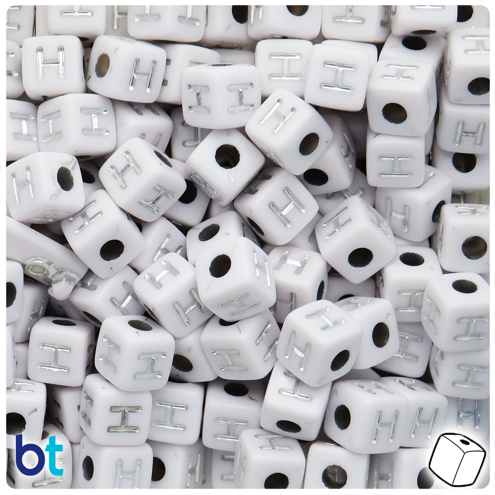 White Opaque 10mm Cube Alpha Beads - Silver Letter H (20pcs)
