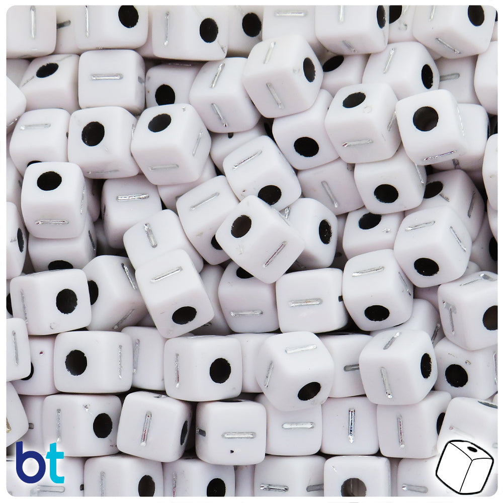 White Opaque 10mm Cube Alpha Beads - Silver Letter I (20pcs)