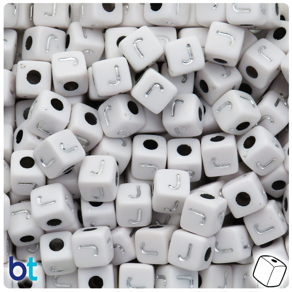 White Opaque 10mm Cube Alpha Beads - Silver Letter J (20pcs)