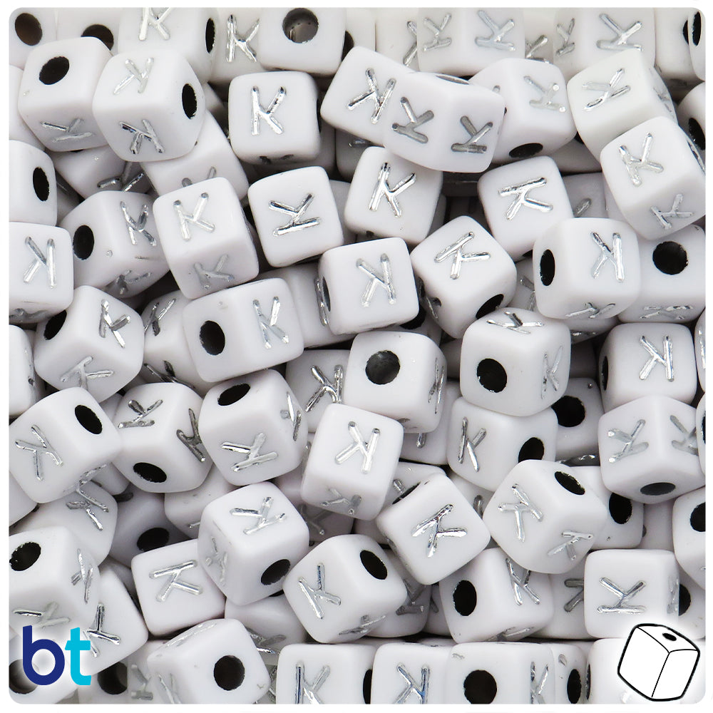 White Opaque 10mm Cube Alpha Beads - Silver Letter K (20pcs)