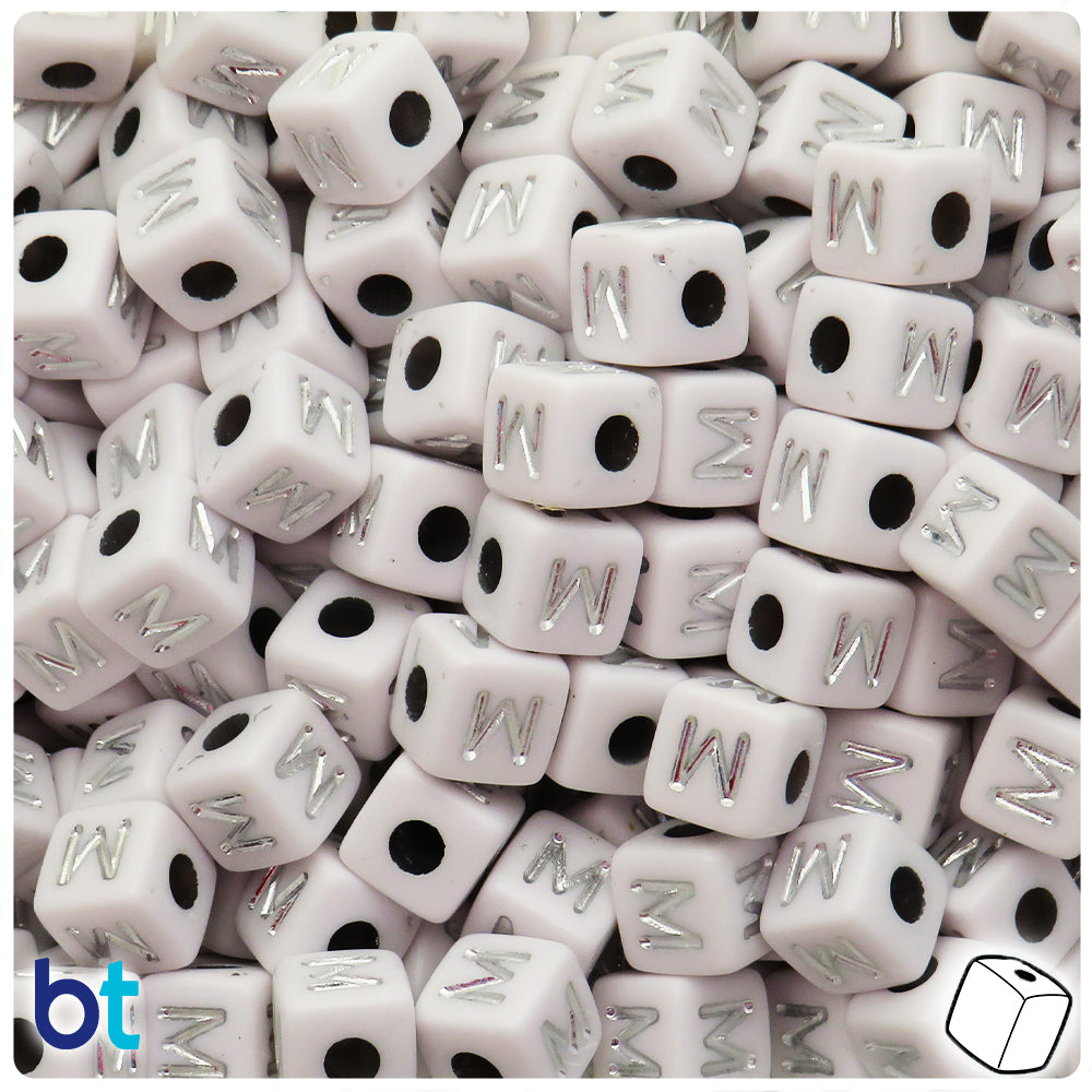 White Opaque 10mm Cube Alpha Beads - Silver Letter M (20pcs)