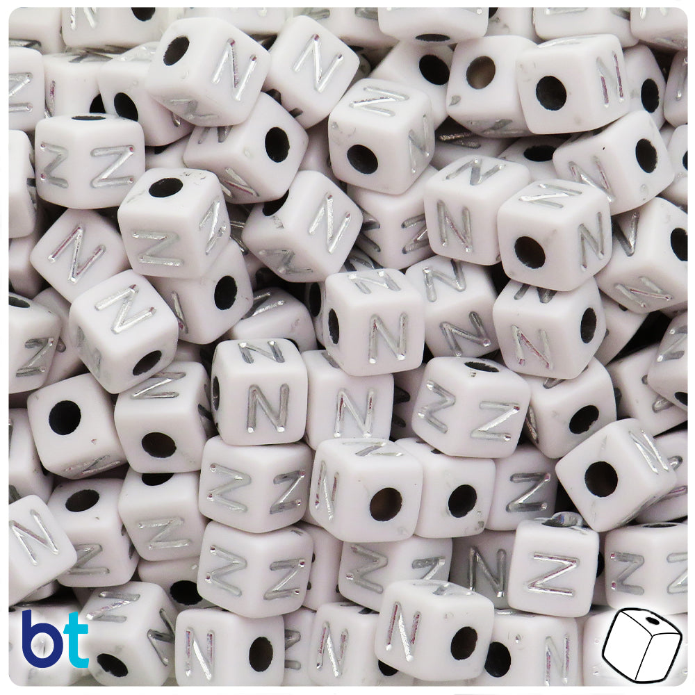 White Opaque 10mm Cube Alpha Beads - Silver Letter N (20pcs)