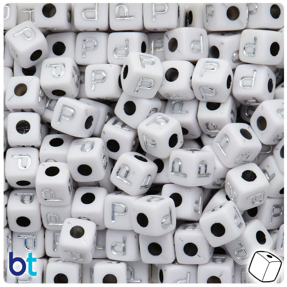 White Opaque 10mm Cube Alpha Beads - Silver Letter P (20pcs)