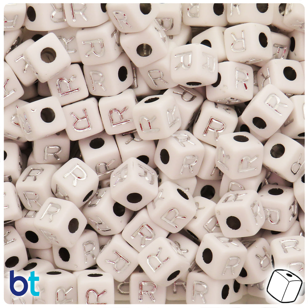 White Opaque 10mm Cube Alpha Beads - Silver Letter R (20pcs)