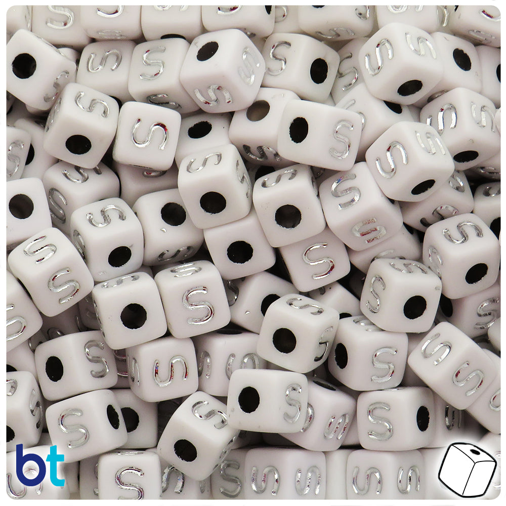 White Opaque 10mm Cube Alpha Beads - Silver Letter S (20pcs)