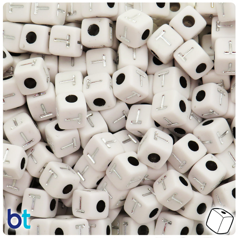 White Opaque 10mm Cube Alpha Beads - Silver Letter T (20pcs)
