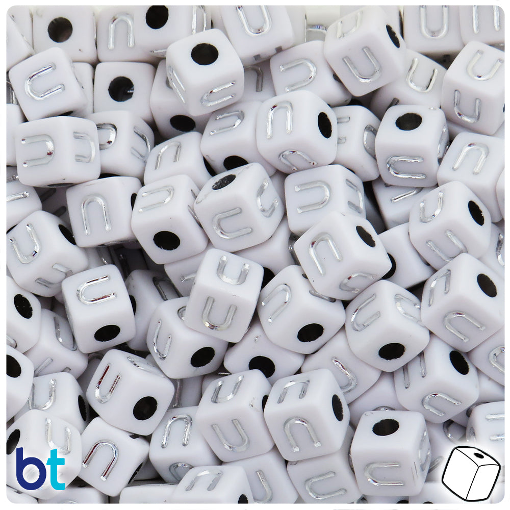 White Opaque 10mm Cube Alpha Beads - Silver Letter U (20pcs)