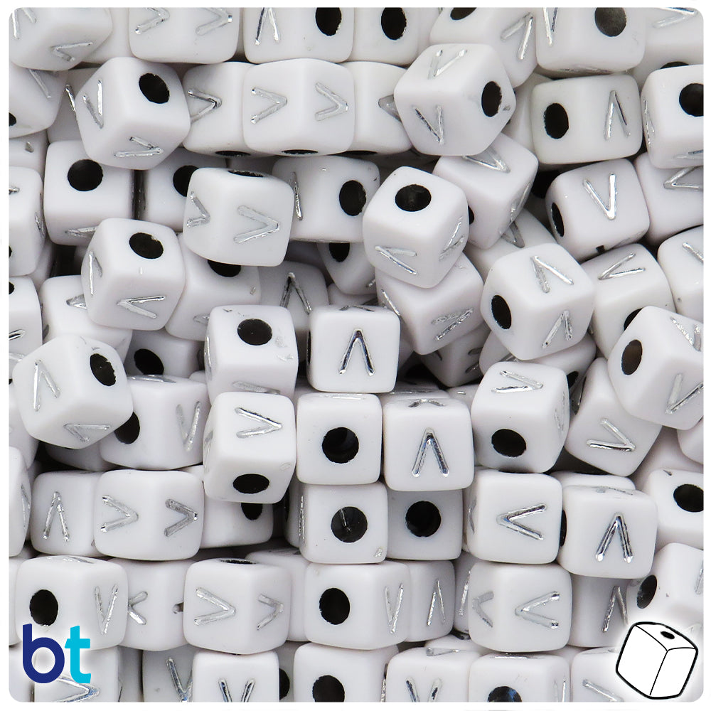 White Opaque 10mm Cube Alpha Beads - Silver Letter V (20pcs)