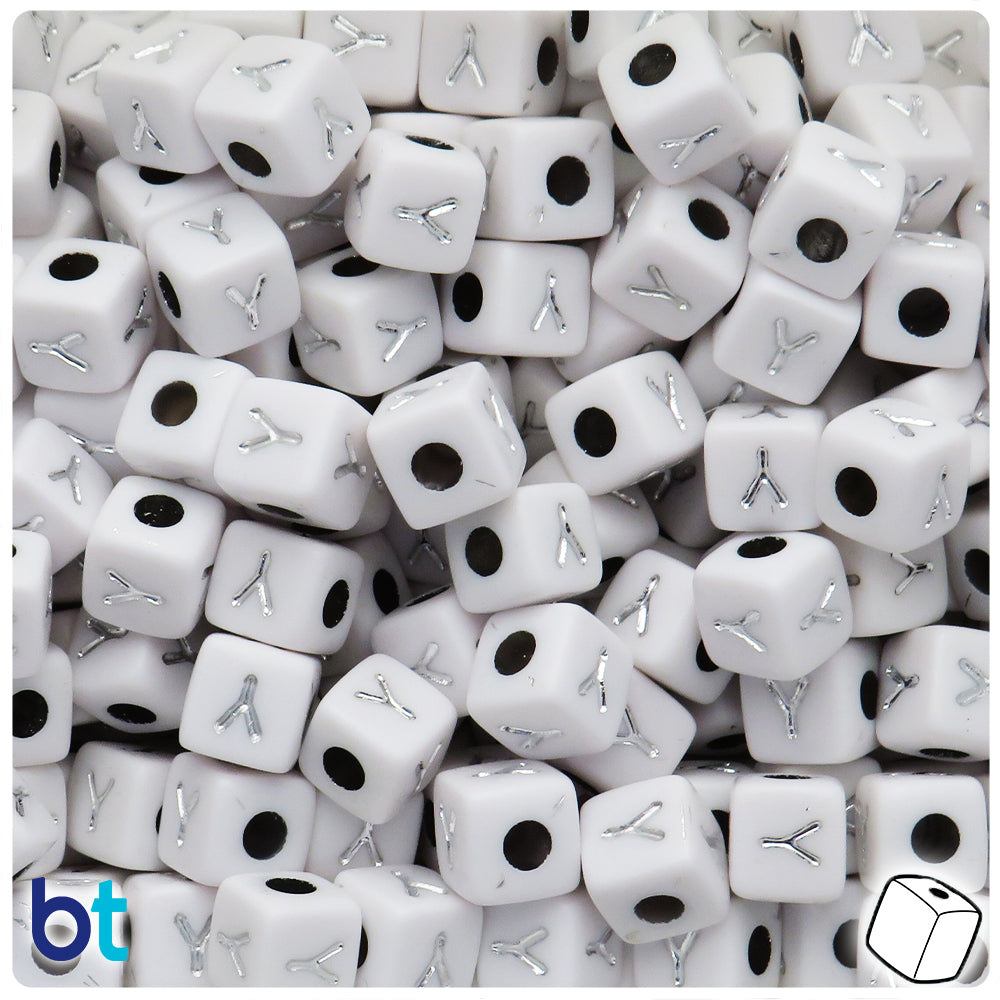 White Opaque 10mm Cube Alpha Beads - Silver Letter Y (20pcs)
