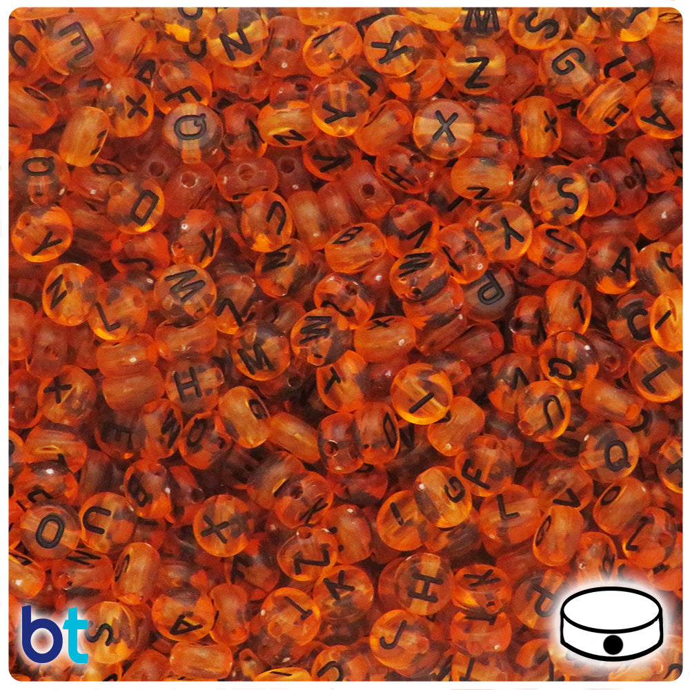 Orange Transparent 7mm Coin Alpha Beads - Black Letter Mix (250pcs)