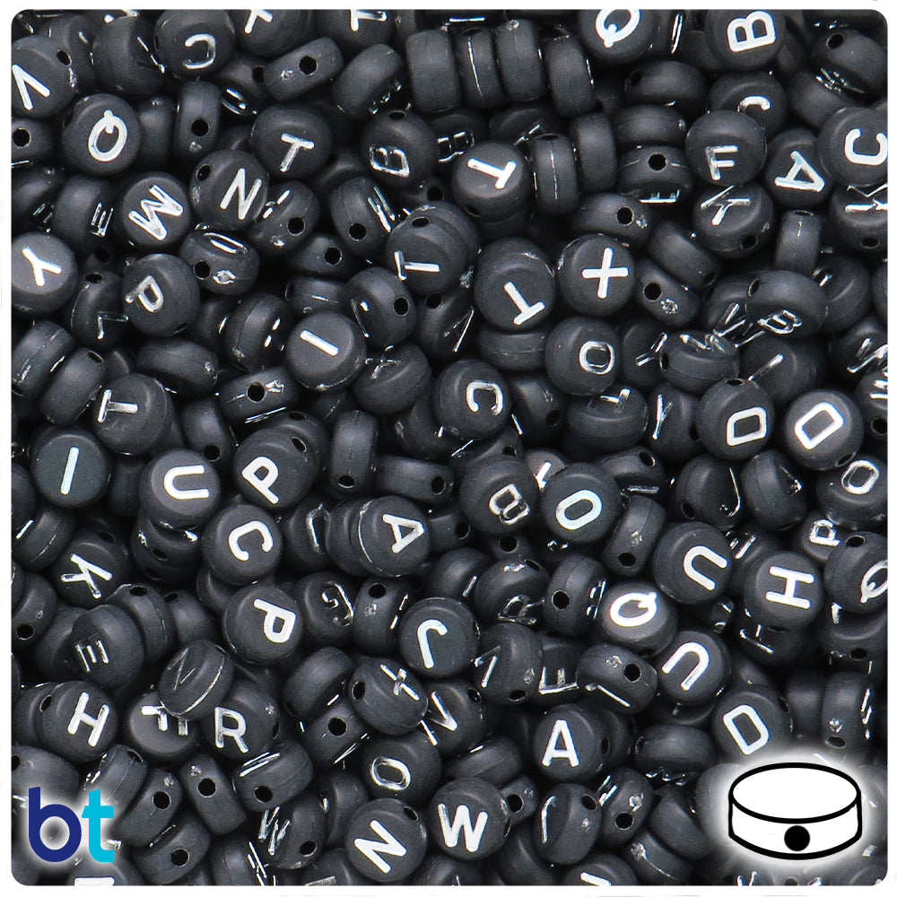 Black Opaque 7mm Coin Alpha Beads - Silver Letter Mix (250pcs)