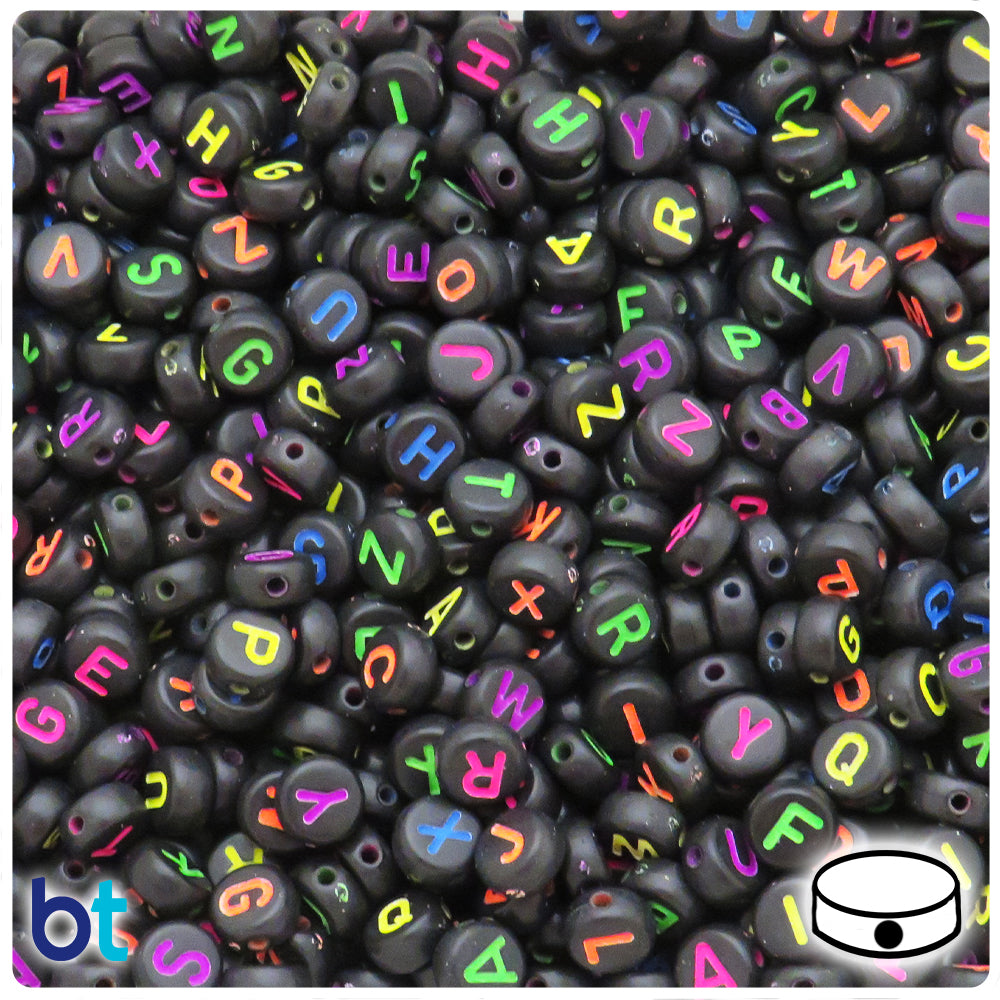 Bulk Buy - Black Opaque 7mm Coin Plastic Alpha Beads - Colored Letters