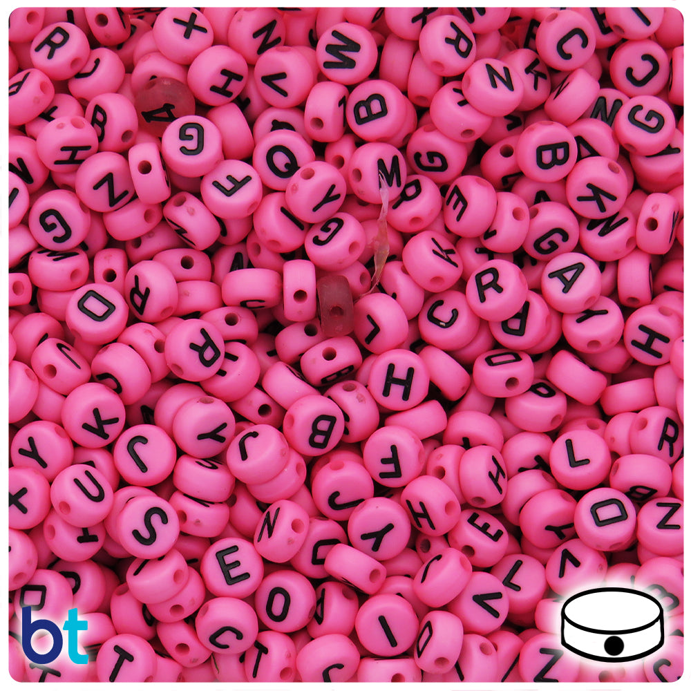 Dark Pink Opaque 7mm Coin Alpha Beads - Black Letter Mix (250pcs)