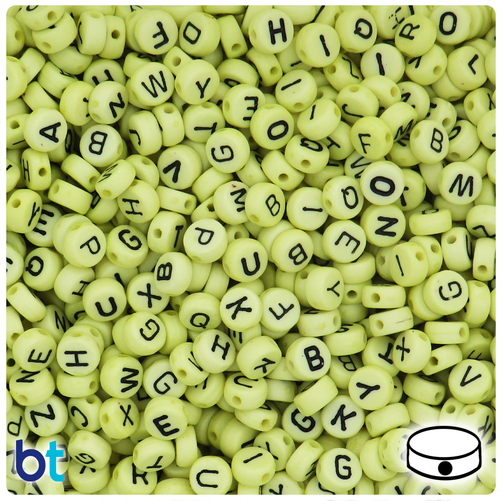 Yellowish Green Opaque 7mm Coin Alpha Beads - Black Letter Mix (250pcs)