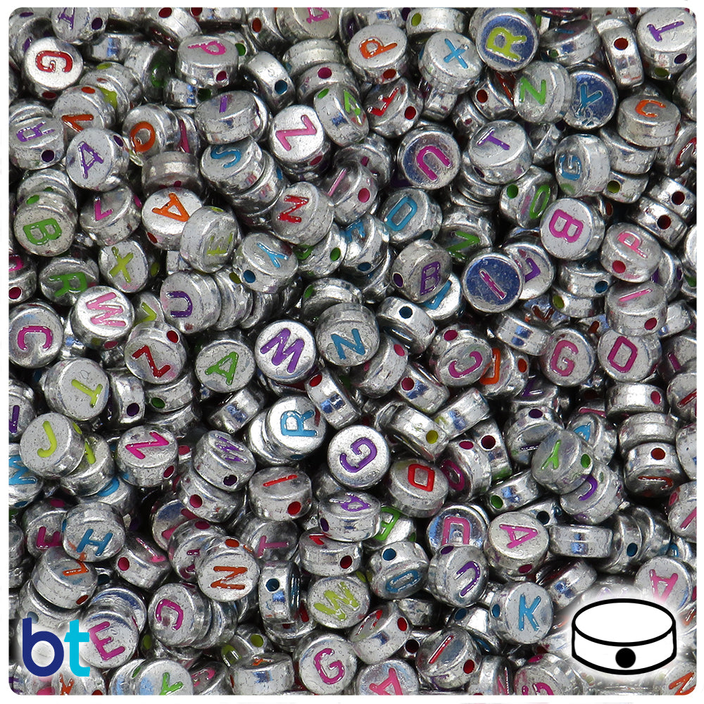 Silver Metallic 7mm Coin Alpha Beads - Colored Letter Mix (250pcs)
