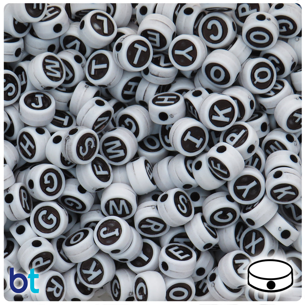 White & Black Opaque 10mm Coin Alpha Beads - White Letter Mix (150pcs)