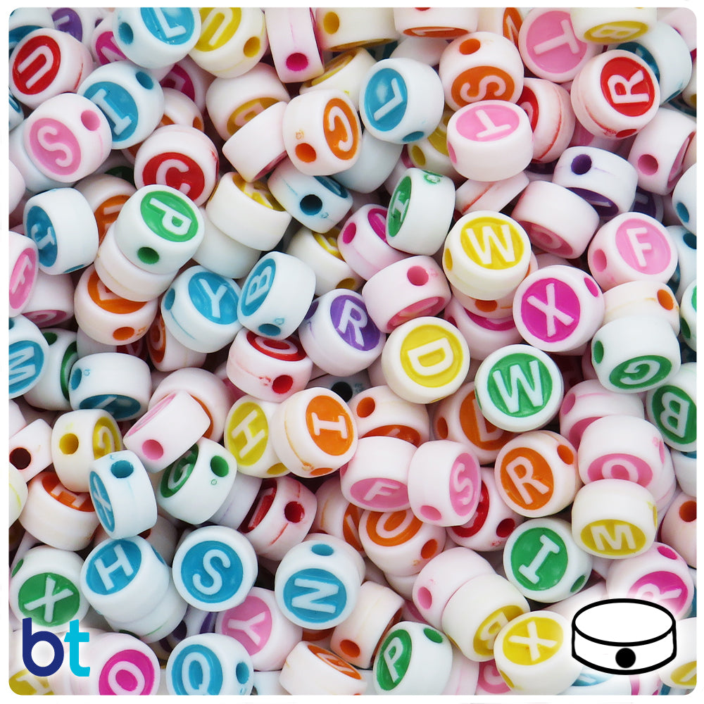 White & Colored Opaque 10mm Coin Alpha Beads - White Letter Mix (150pcs)