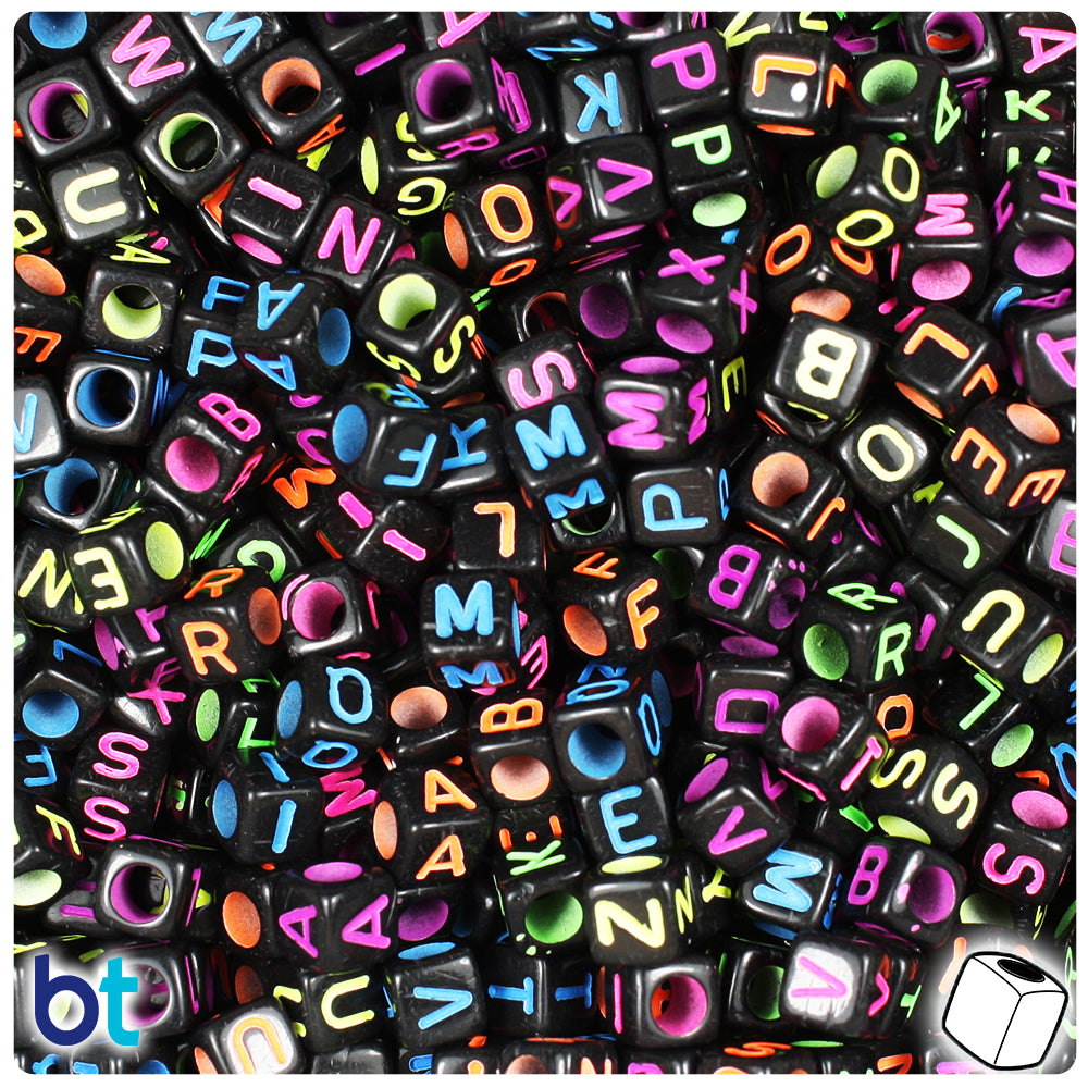 Bulk Buy - Black Opaque 6mm Cube Plastic Alpha Beads - Colored Letters