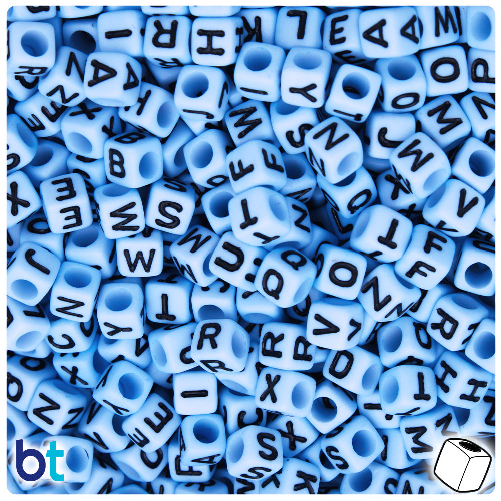 Blue Opaque 6mm Cube Alpha Beads - Black Letter Mix (200pcs)