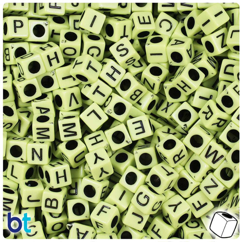 Light Green Opaque 6mm Cube Alpha Beads - Black Letter Mix (200pcs)