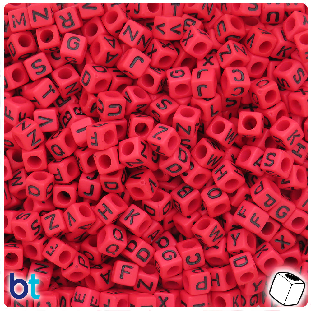 Red Opaque 6mm Cube Alpha Beads - Black Letter Mix (200pcs)