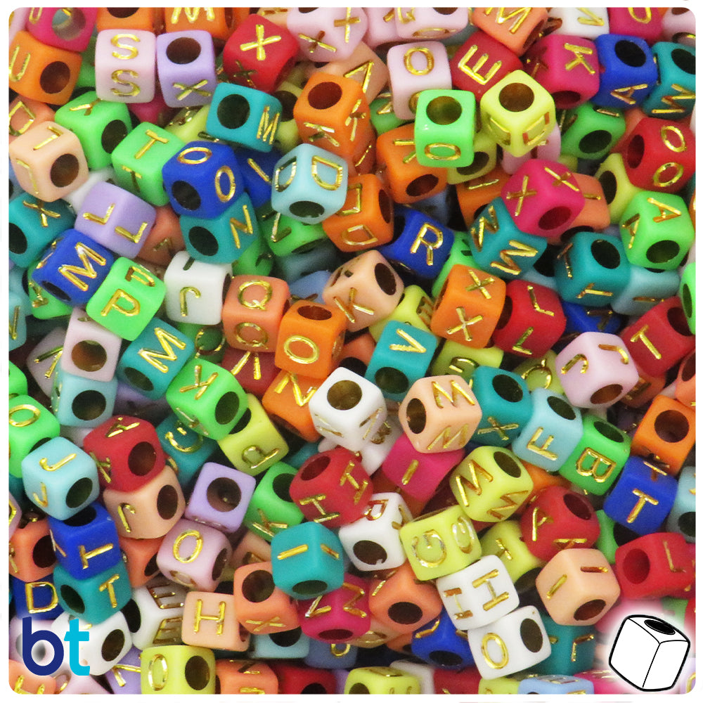 Mixed Opaque 6mm Cube Alpha Beads - Gold Letter Mix (200pcs)