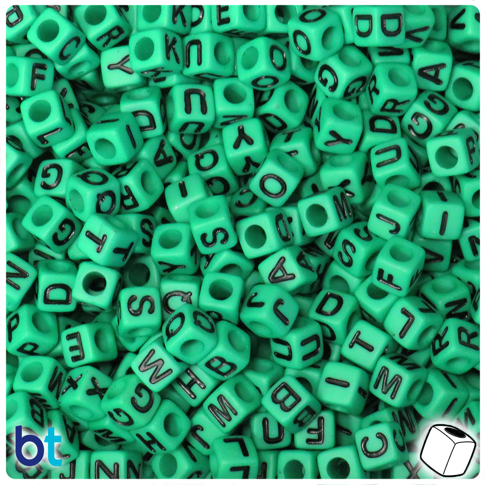 Dark Green Opaque 7mm Cube Alpha Beads - Black Letter Mix (200pcs)