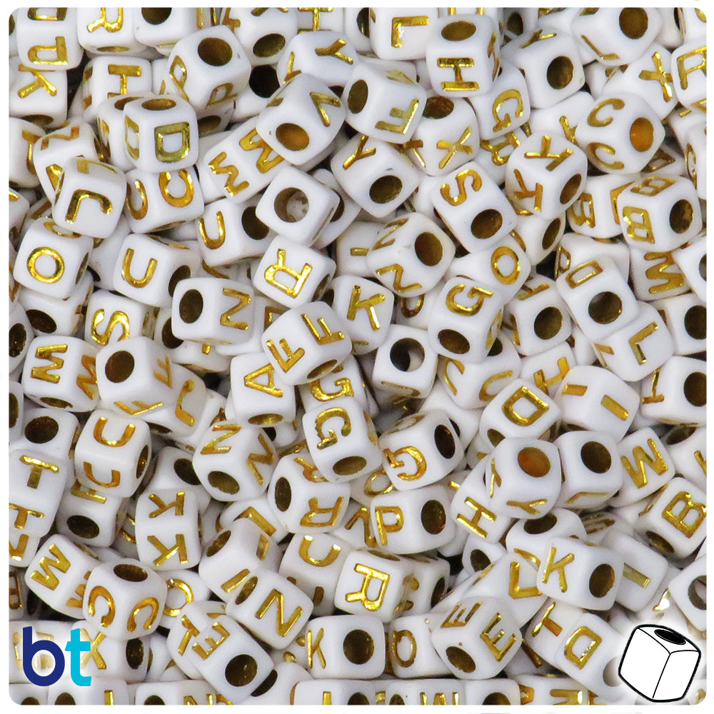 White Opaque 7mm Cube Alpha Beads - Gold Letter Mix (200pcs)