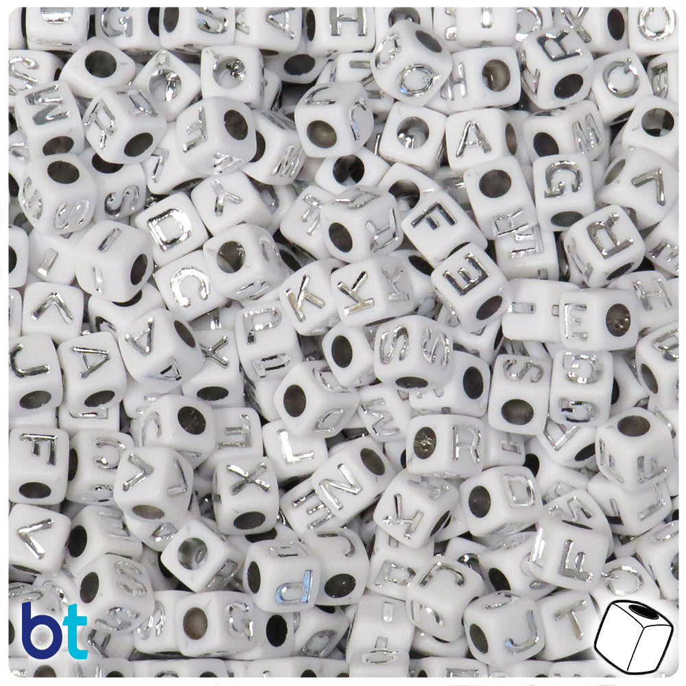 White Opaque 7mm Cube Alpha Beads - Silver Letter Mix (200pcs)