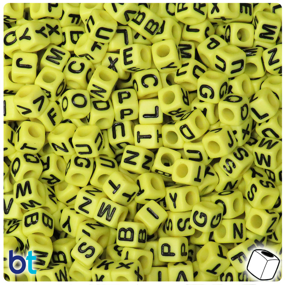 Yellow Opaque 7mm Cube Alpha Beads - Black Letter Mix (200pcs)