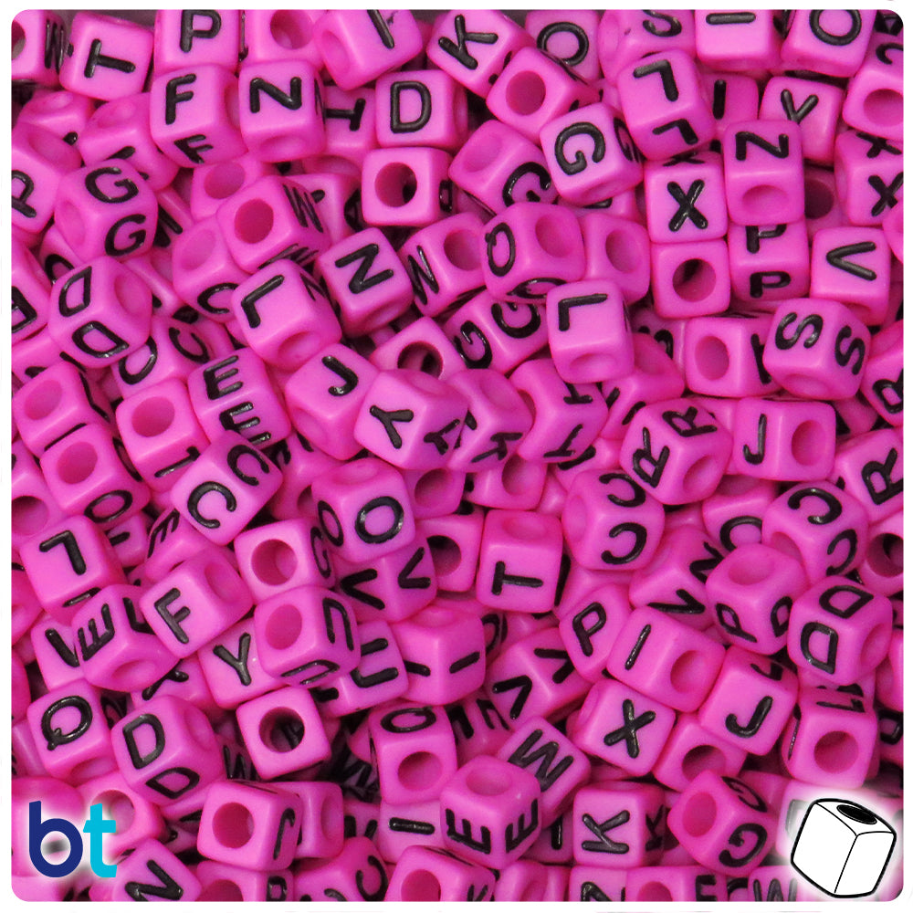 Dark Pink Opaque 7mm Cube Alpha Beads - Black Letter Mix (200pcs)