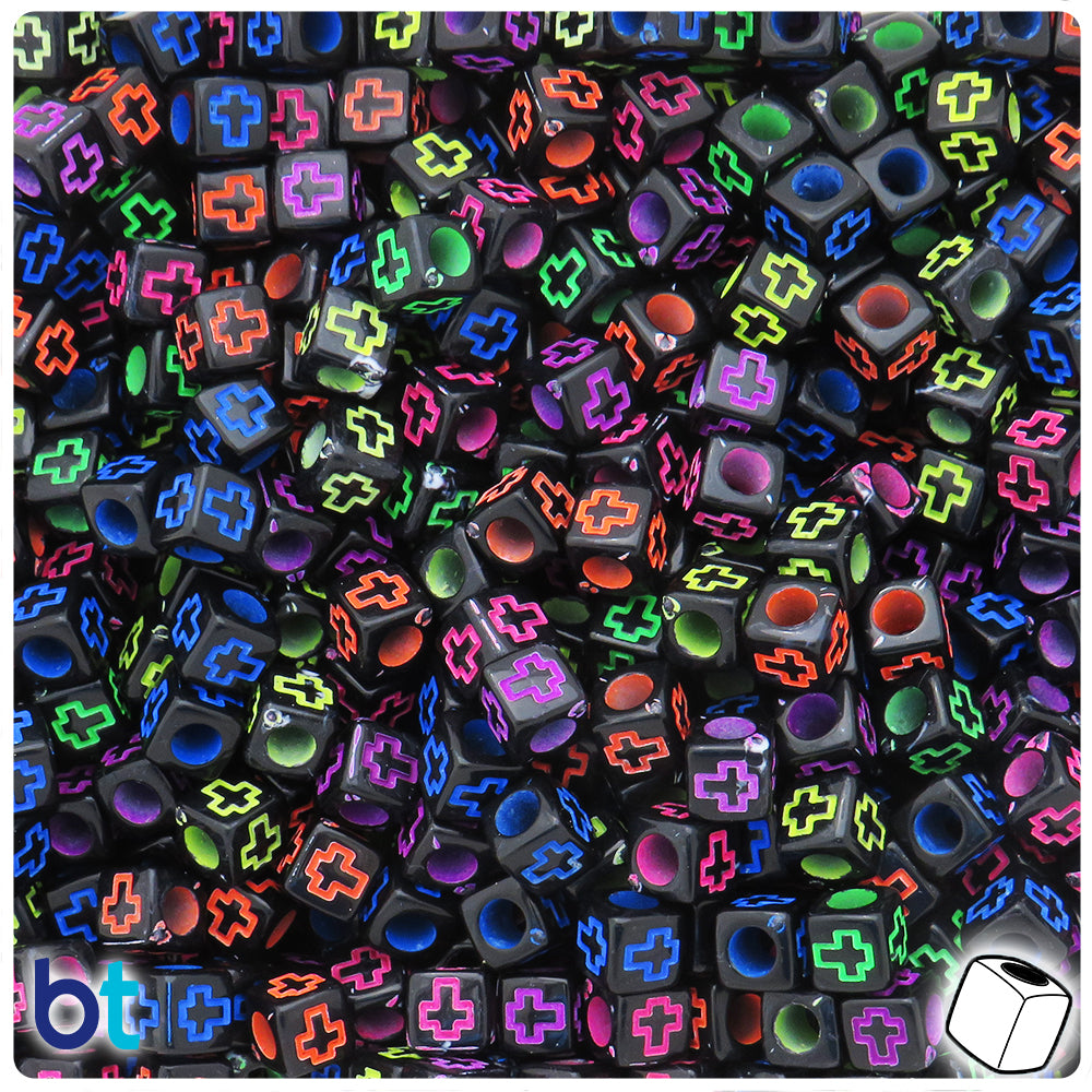 Black Opaque 6mm Cube Alpha Beads - Colored Crosses (200pcs)