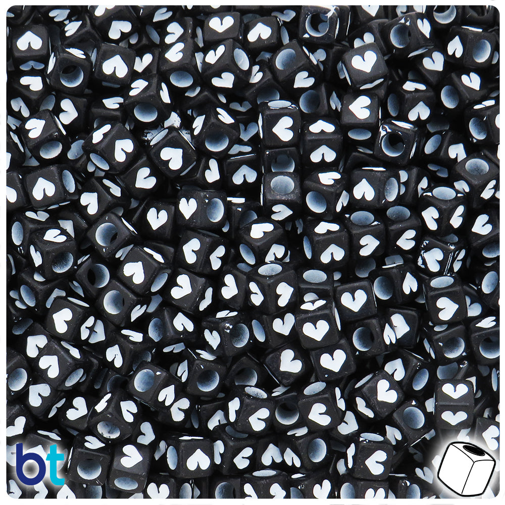 Black Opaque 6mm Cube Alpha Beads - White Hearts (200pcs)