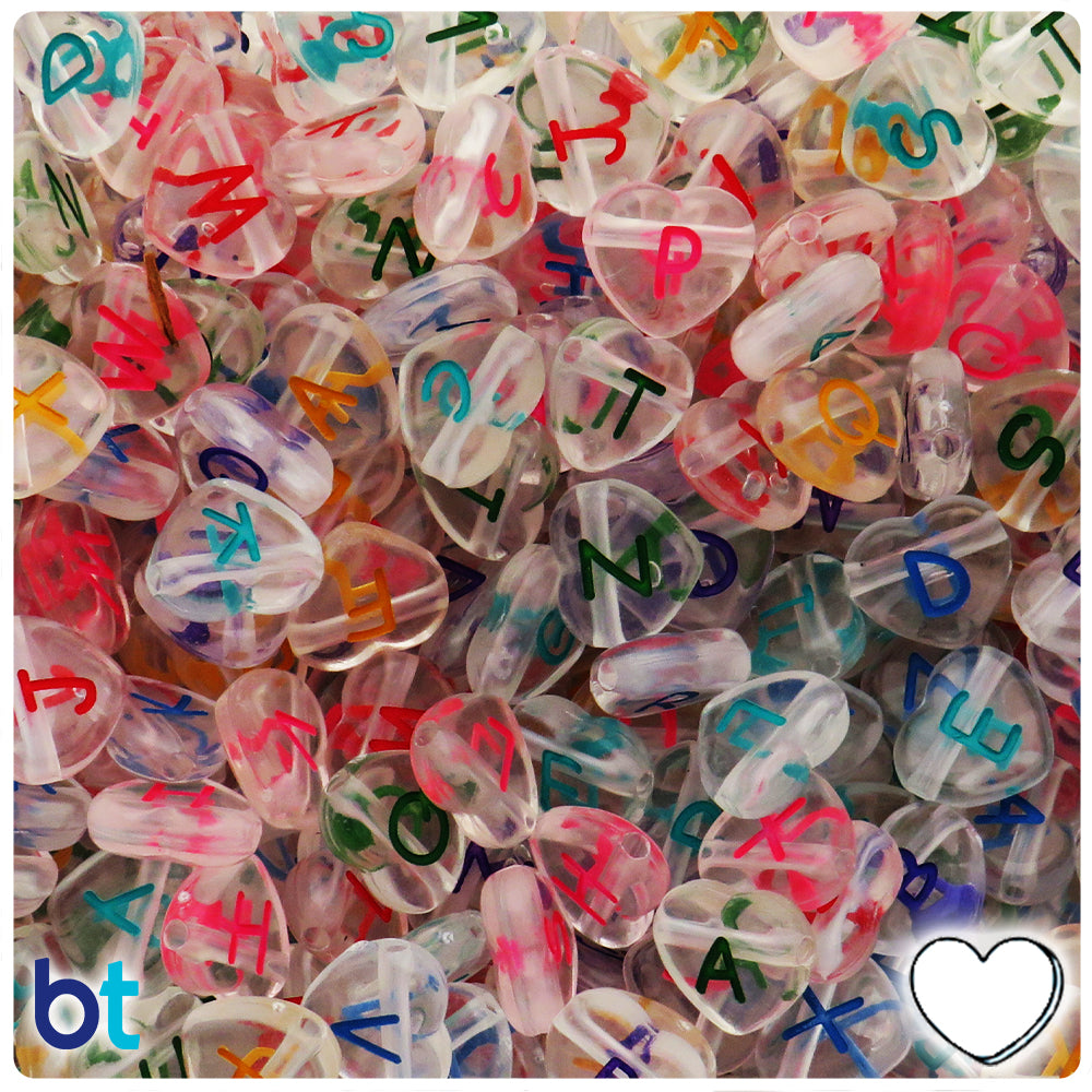 Clear Transparent 12mm Heart Alpha Beads - Colored Letter Mix (120pcs)