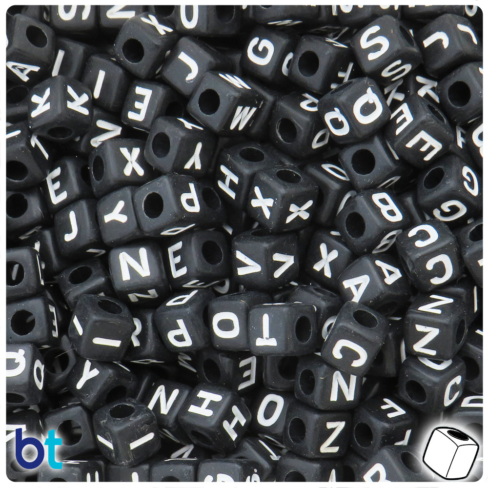 Black Opaque 8mm Cube Alpha Beads - White Letter Mix (200pcs)