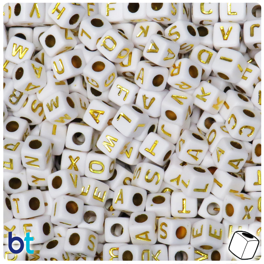 White Opaque 8mm Cube Alpha Beads - Gold Letter Mix (200pcs)