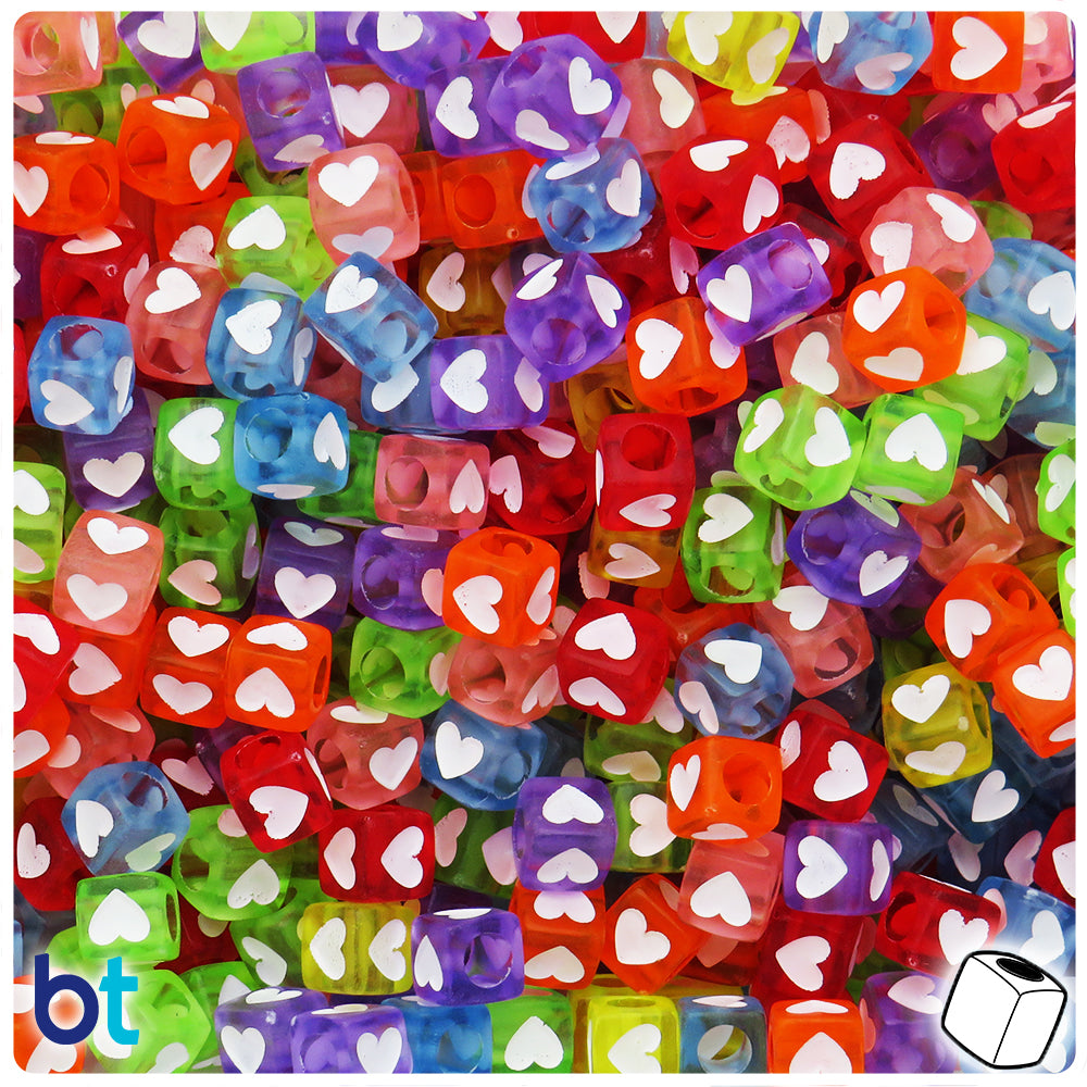 Mixed Transparent 7mm Cube Alpha Beads - White Hearts (150pcs)
