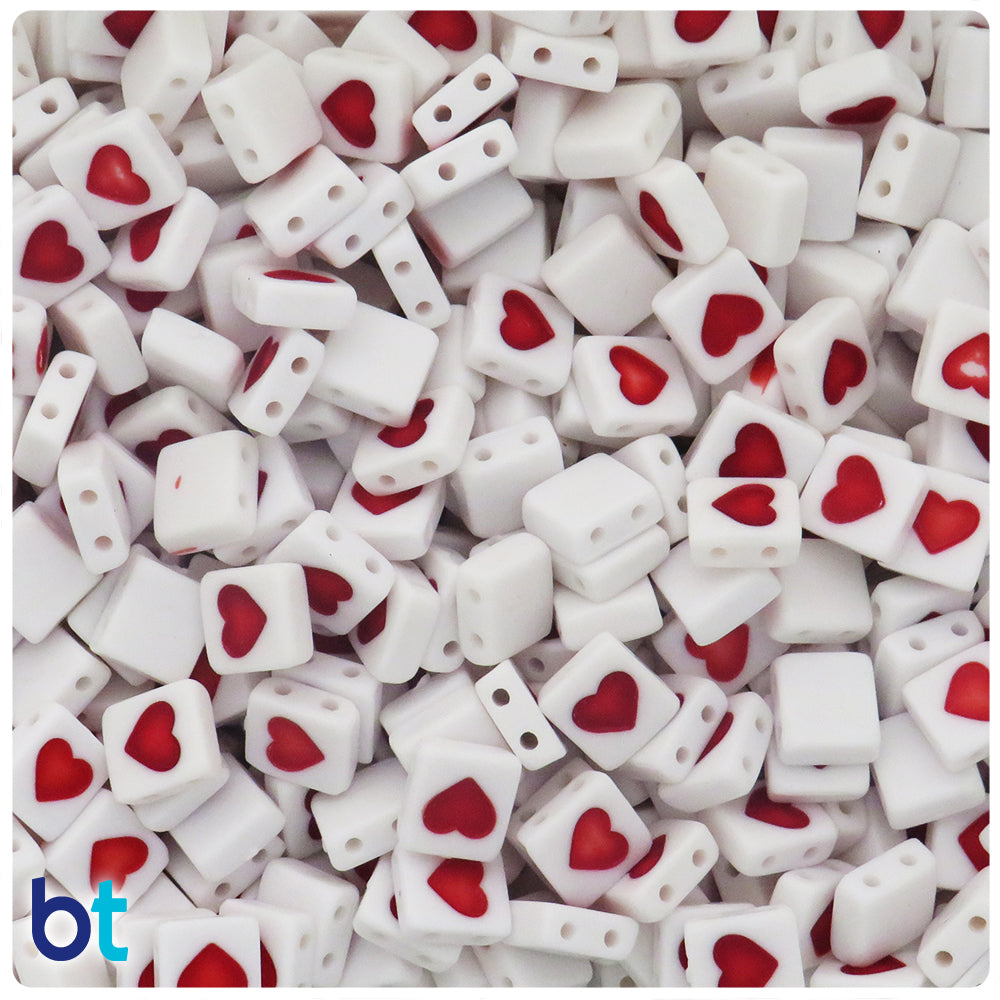 White Opaque 8mm Square Alpha Beads - Red Heart (150pcs)