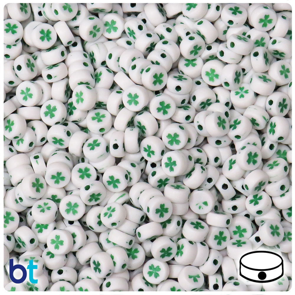 White Opaque 7mm Coin Alpha Beads - Green Shamrock (250pcs)