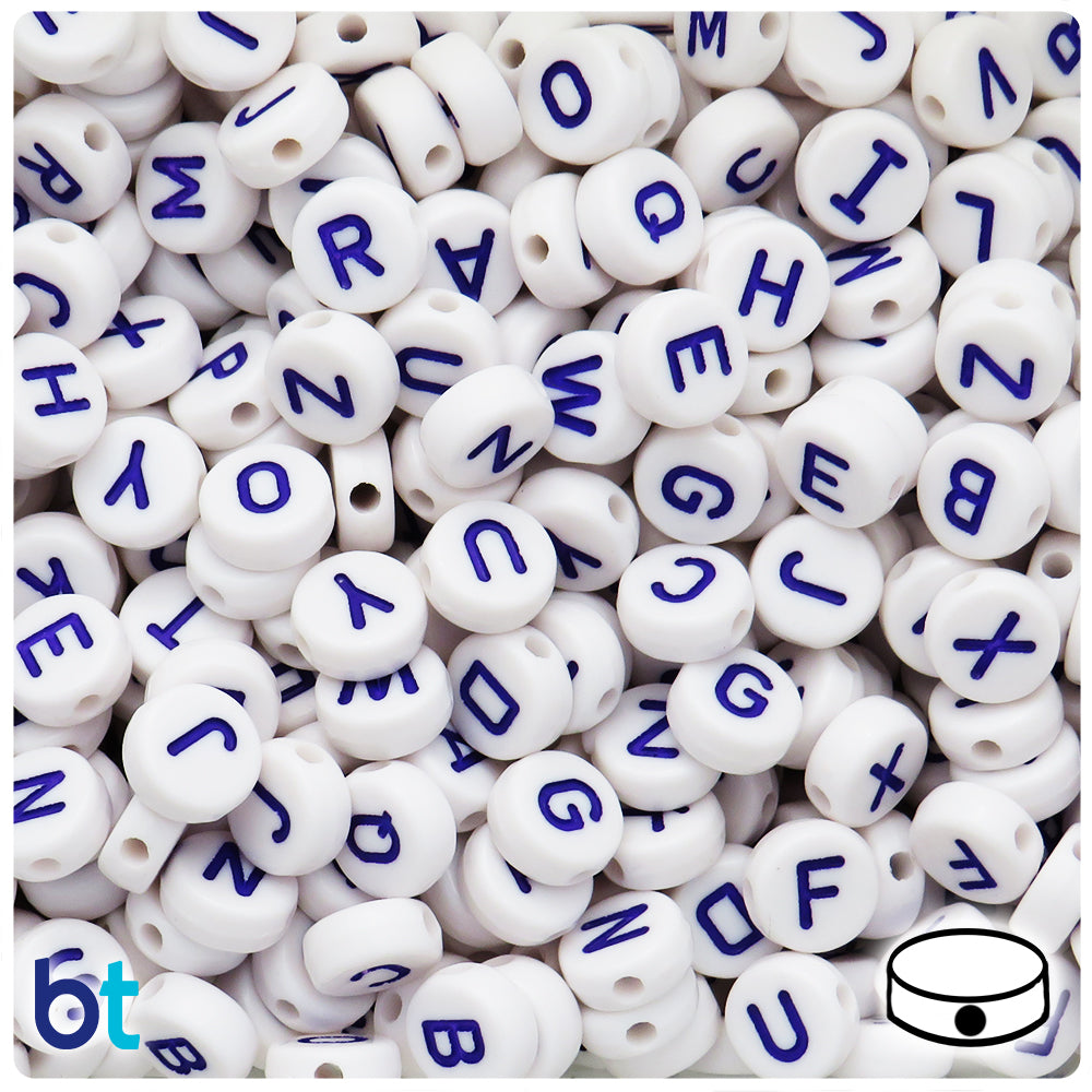 White Opaque 10mm Coin Alpha Beads - Purple Letter Mix (150pcs)