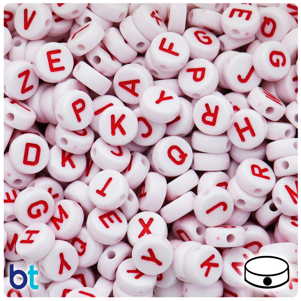 White Opaque 10mm Coin Alpha Beads - Red Letter Mix (150pcs)