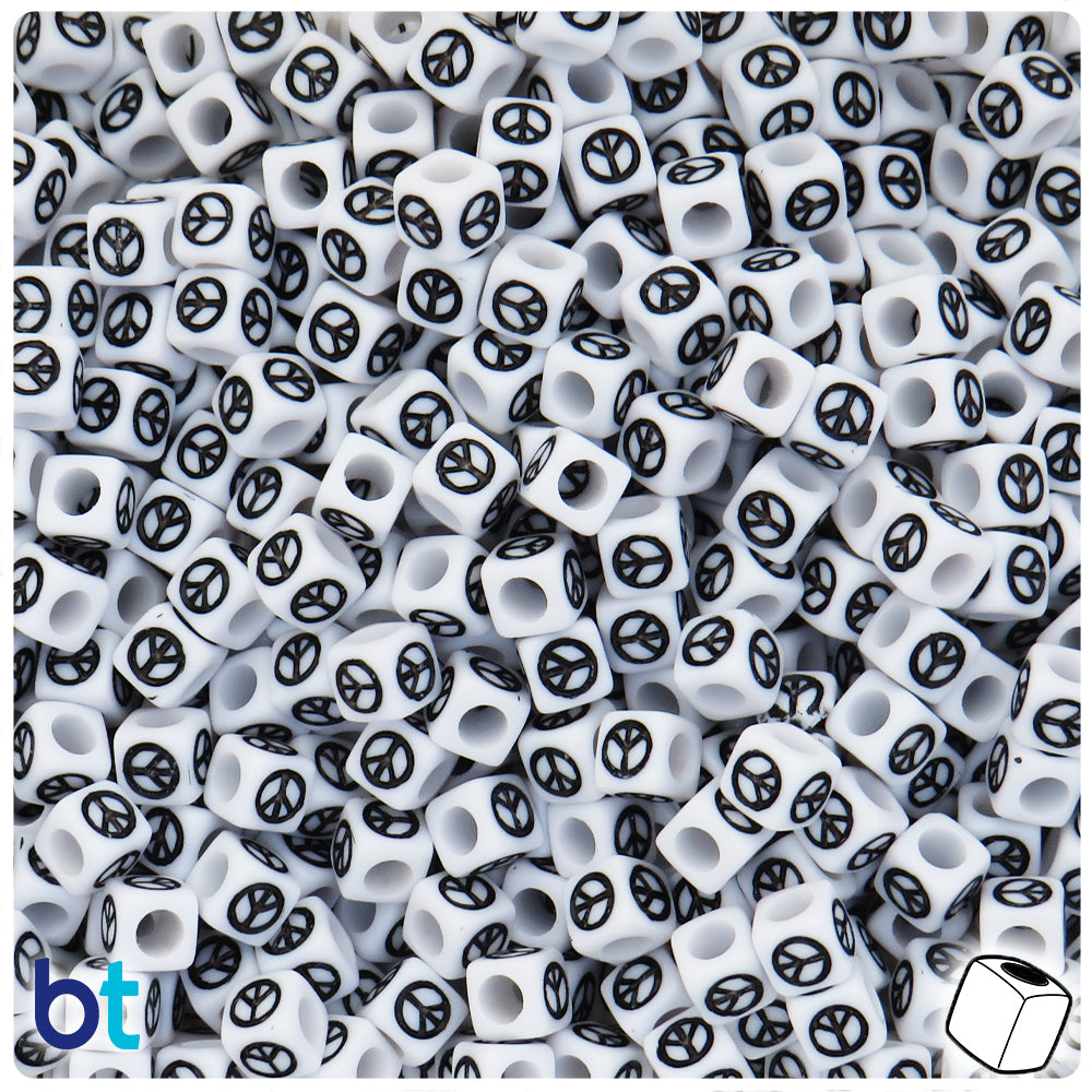 White Opaque 6mm Cube Alpha Beads - Black Peace Sign (250pcs)