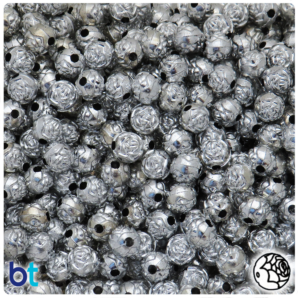 Silver Metallic 8mm Rosebud Plastic Beads (150pcs)