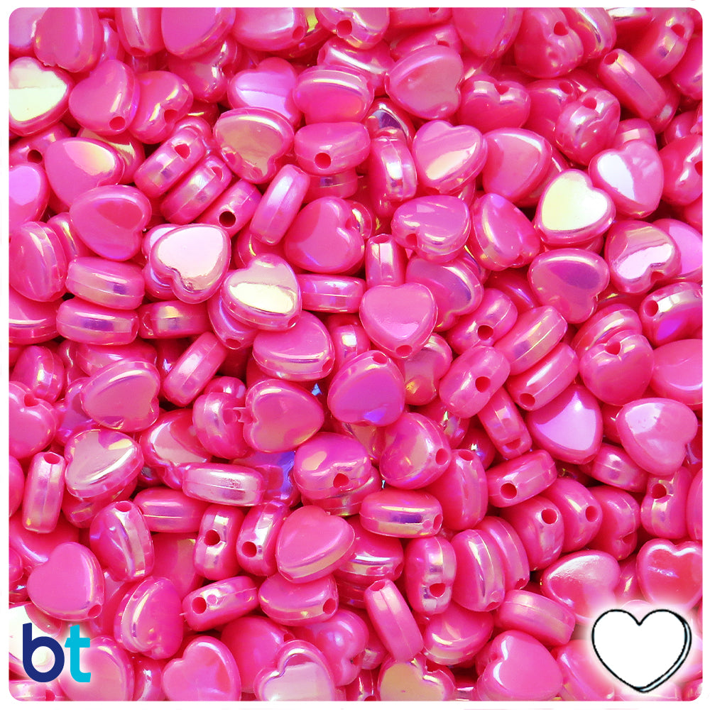 Dark Pink Opaque AB 9mm Heart Plastic Beads (250pcs)