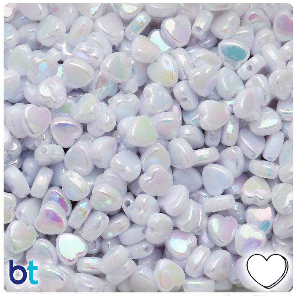 White Opaque AB 9mm Heart Plastic Beads (250pcs)