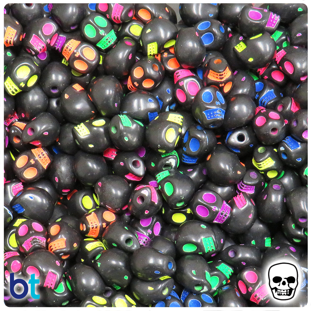 Black Opaque 10mm Skull Plastic Beads - Colored Details (200pcs)
