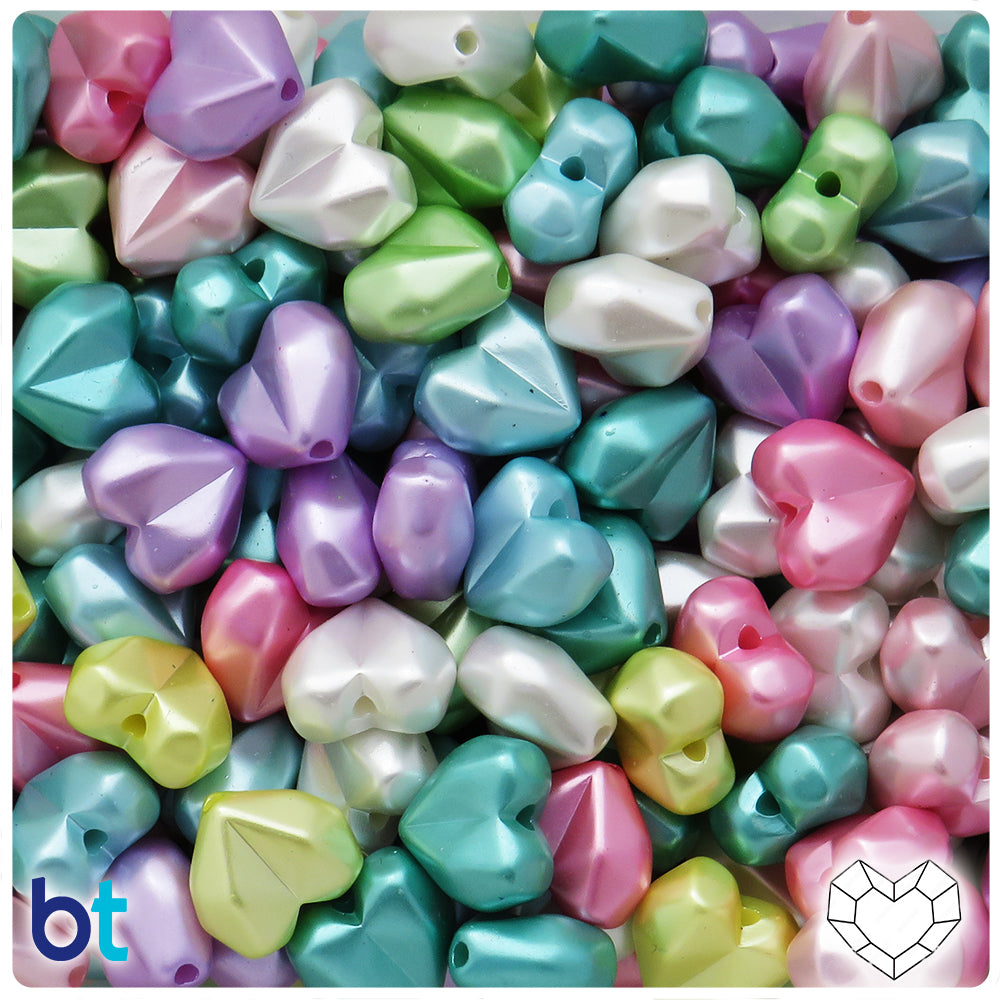 Mixed Pastel Pearl 14mm Faceted Heart Plastic Beads (60pcs)